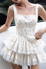 Square Neck Lace Layered Mini Floral Dress