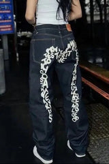 Vintage Letter Printed Loose Straight Leg Hip Hop Casual Jeans