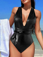 Deep V-Neck Lace Up Slim One Piece