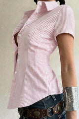 Pink White Vertical Stripe Cinched Waist Blouse