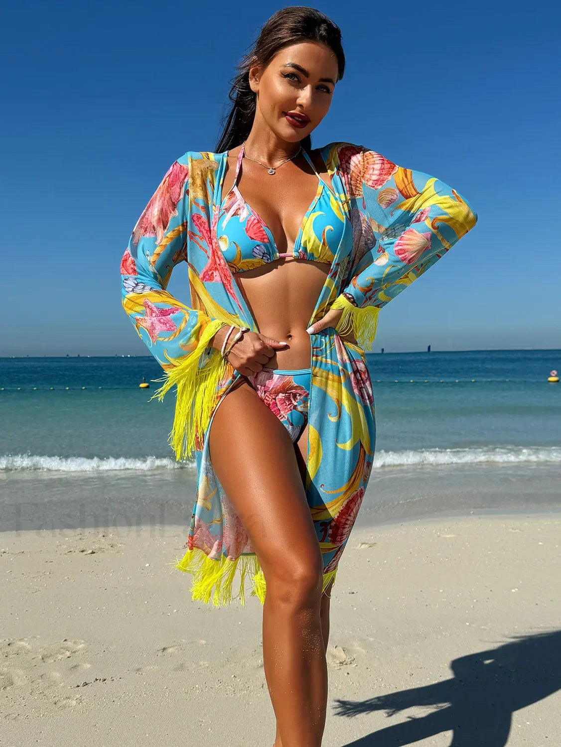 Tassel Drape Printed Bikini Three Piece Set