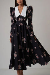 Flared Vintage Print Slim Waist Floral Maxi Dress
