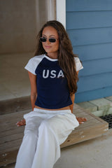 "USA" Color Block Baby Tee-Navy/White