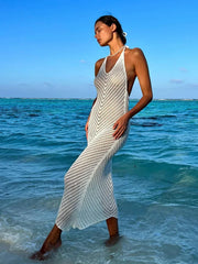 White Knitted See-through V Neck Backless Cover-ups
