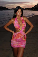 Hollow Print Halter Beach Vacation Floral Dress