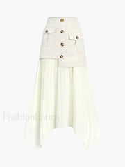 Patchwork Asymmetrical Pleated Buttoned Midi Skirt