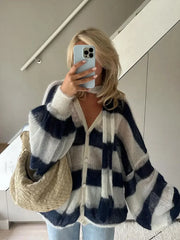 Women Fashion Contrast Striped Knitted Cardigan With Scarf Elegant V Neck Sweater