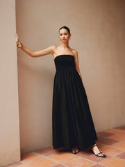 Cotton & Linen Trendy Pleat Strapless Long Dress
