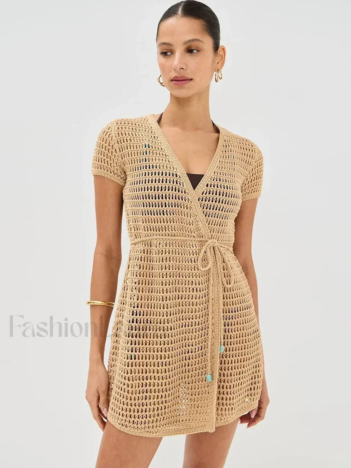 Solid Color Knit Hollow Out Short Sleeve Wrap Cover Up