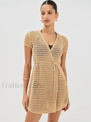 Solid Color Knit Hollow Out Short Sleeve Wrap Cover Up