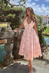 Sweet Wind Slim Print Neck A-Line Floral Dress