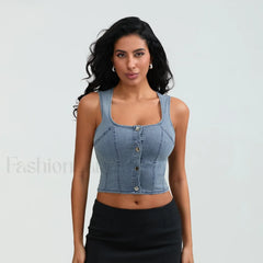 Denim Button Square Crop Top