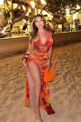 Slim Fit Printed Split-End Holiday Floral Dress