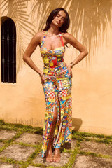 Color Block Neck Split Party Style Floral Dress