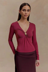Wine Red V Neck Bodycon Long Sleeve Tee