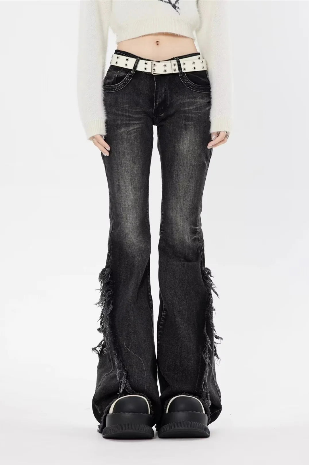 Black Low Rise Frayed Hem Long Flare Jeans