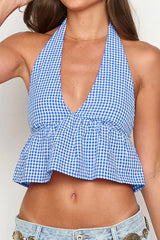 Deep V Halter Backless Checkered Halter Top