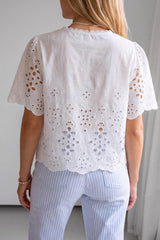White Hollow Out Flutter Sleeve Vacation Blouse
