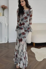 Elegant Long Sleeve Mermaid Rose Floral Dress