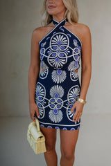 Halter Neck Mini Dress-Navy/Ivory