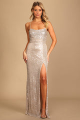 Evenings of Elegance Silver Sequin Lace-Up Maxi Dress
