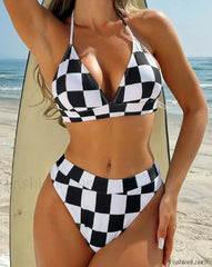 Plaid Print Halter Push Up High Waist Bikini Set