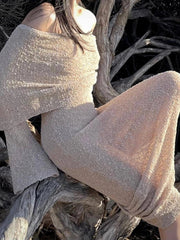 Stylish Knitted Sheer Beach Hollow Out Off-Shoulder Elegant Long Sleeve Maxi Dress