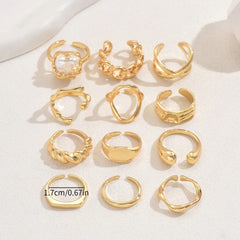 12-Piece Adjustable Open Geometric Ring Set