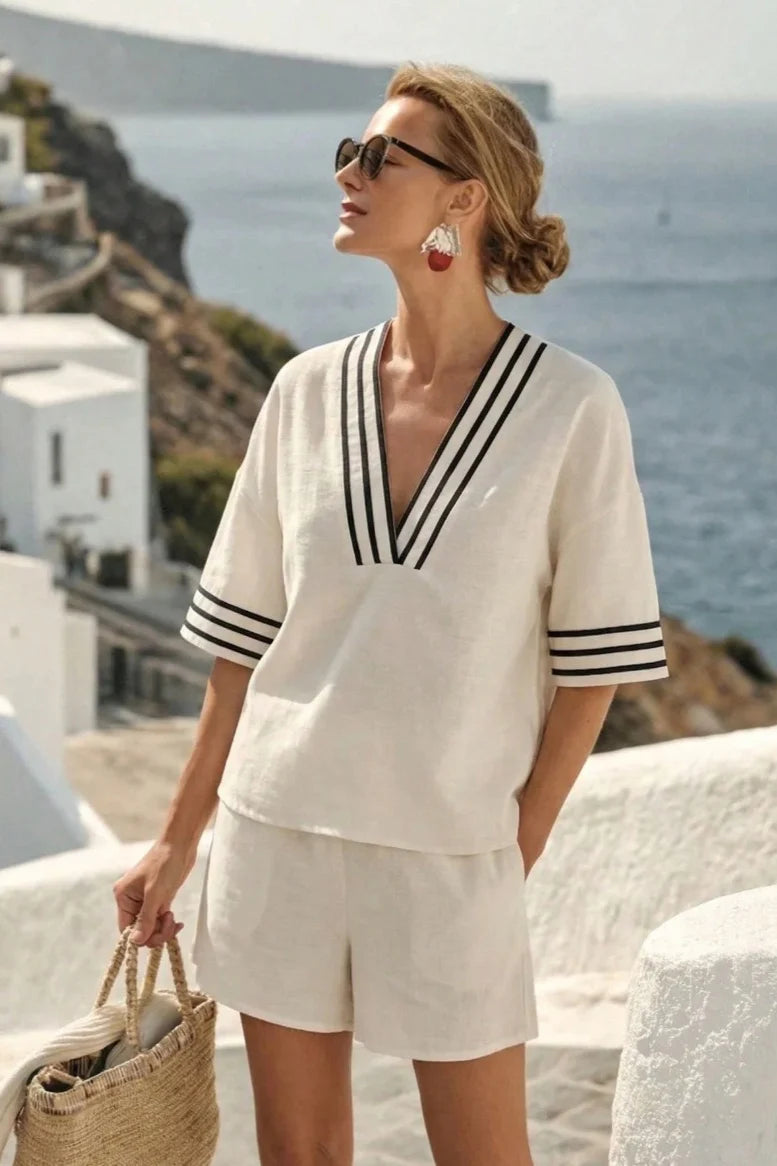 Casual Colorblock Striped V Neck Knit Shorts Set
