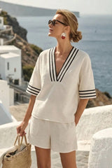 Casual Colorblock Striped V Neck Knit Shorts Set