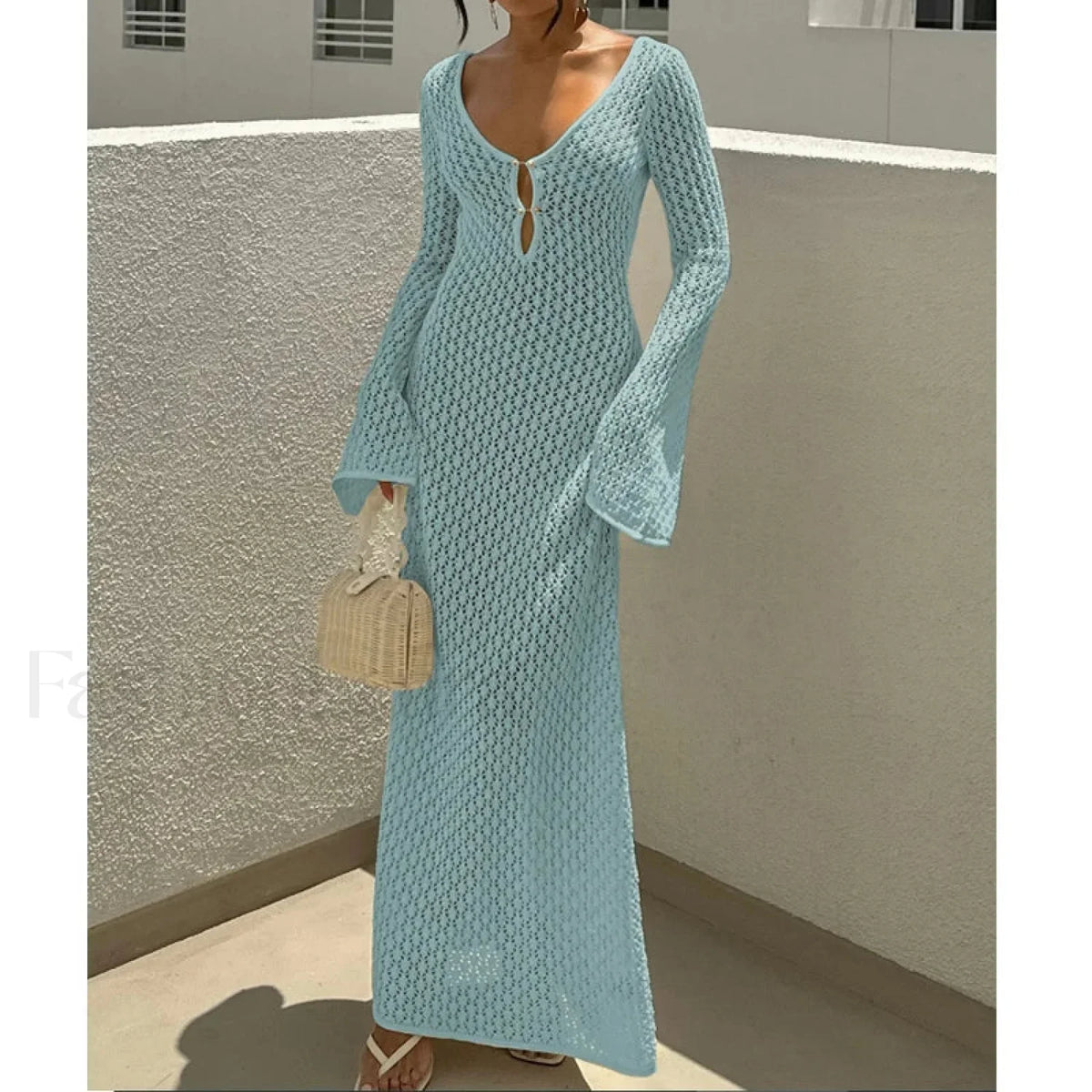 V-Neck Long Sleeve Backless Cover Up