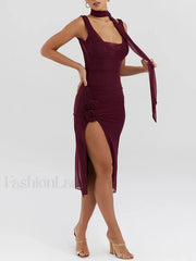 Flower High-Split Midi Dress