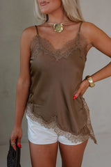 Asymmetrical Lace Trim Satin Cami Top-Brown