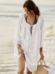 Spliced Lace Lace Up Tassel Cover Up