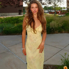 Retro Yellow Sleeveless Floral Print Maxi Floral Dress