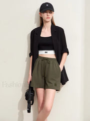 Minimalism Drawstring Casual Wide-leg Letters Embroidery Short