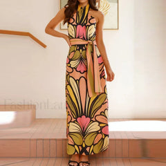 Lace-Up Halter Floral Dress