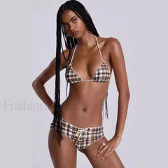 Plaid Lace-Up Halter Bikini Set
