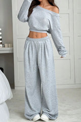 Casual Ribbed Off Shoulder Crop Sweatshirt Pants Set