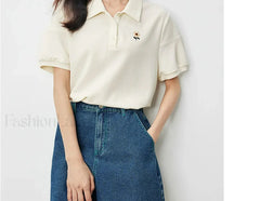 Pearl Flower Embroidery Casual T-Shirt