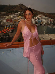 Mesh Ruffle Backless Skirt Two Piece Set