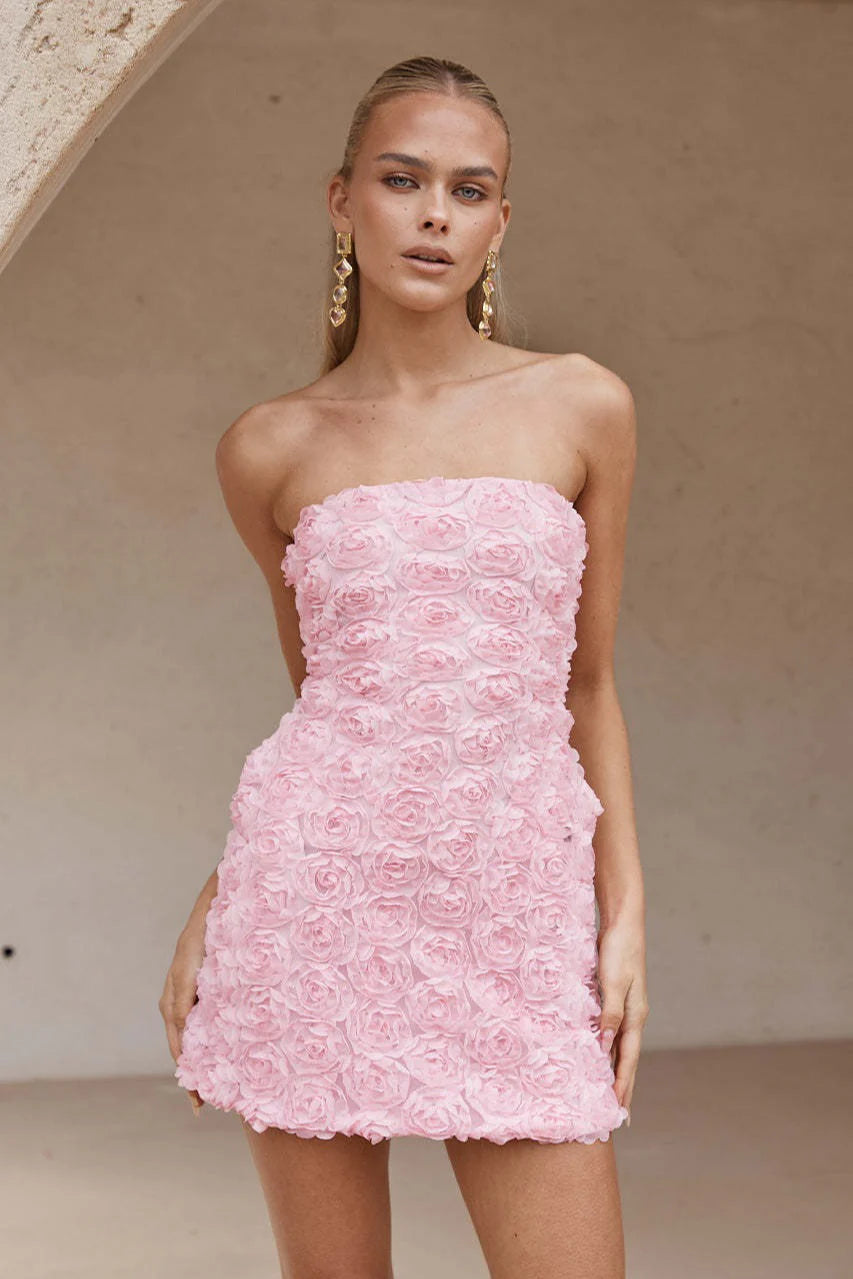 Strapless 3D Floral Bodycon Slim Floral Dress