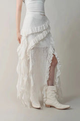 Asymmetric Wool Blend Black White Maxi Skirt