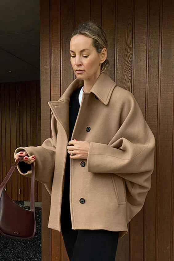 Batwing Sleeve Wool Blend Coat