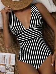 Striped V-Neck Soild Color One Piece