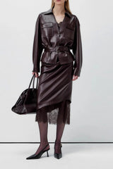 Elegant Lace Trim Leather Skirt