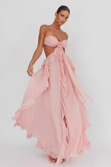 Backless Lace Up Ruffle Strapless Maxi Prom Dress