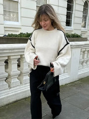 Women Elegant Contrast O Neck Knitted Casual Long Sleeve Loose Sweater