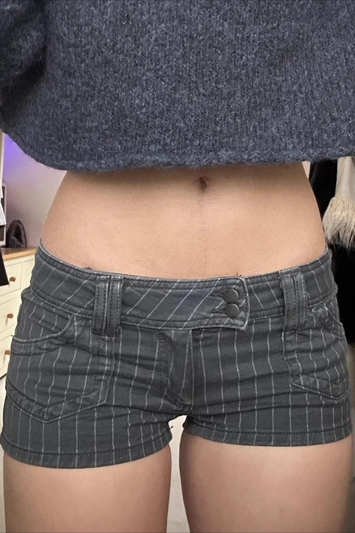 Striped Colorblock Low Rise Double Breasted Denim Shorts