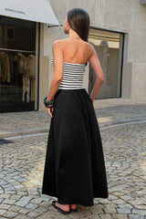 Strapless Stripe Patchwork Elegant Maxi Dress